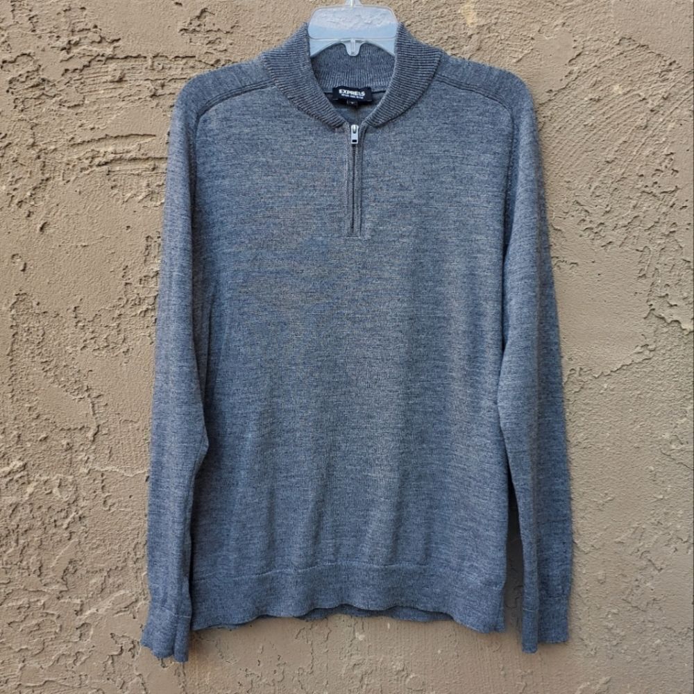 Express Gray Merino Wool Blend Quarter Zip Up Long Sleeve Sweater
